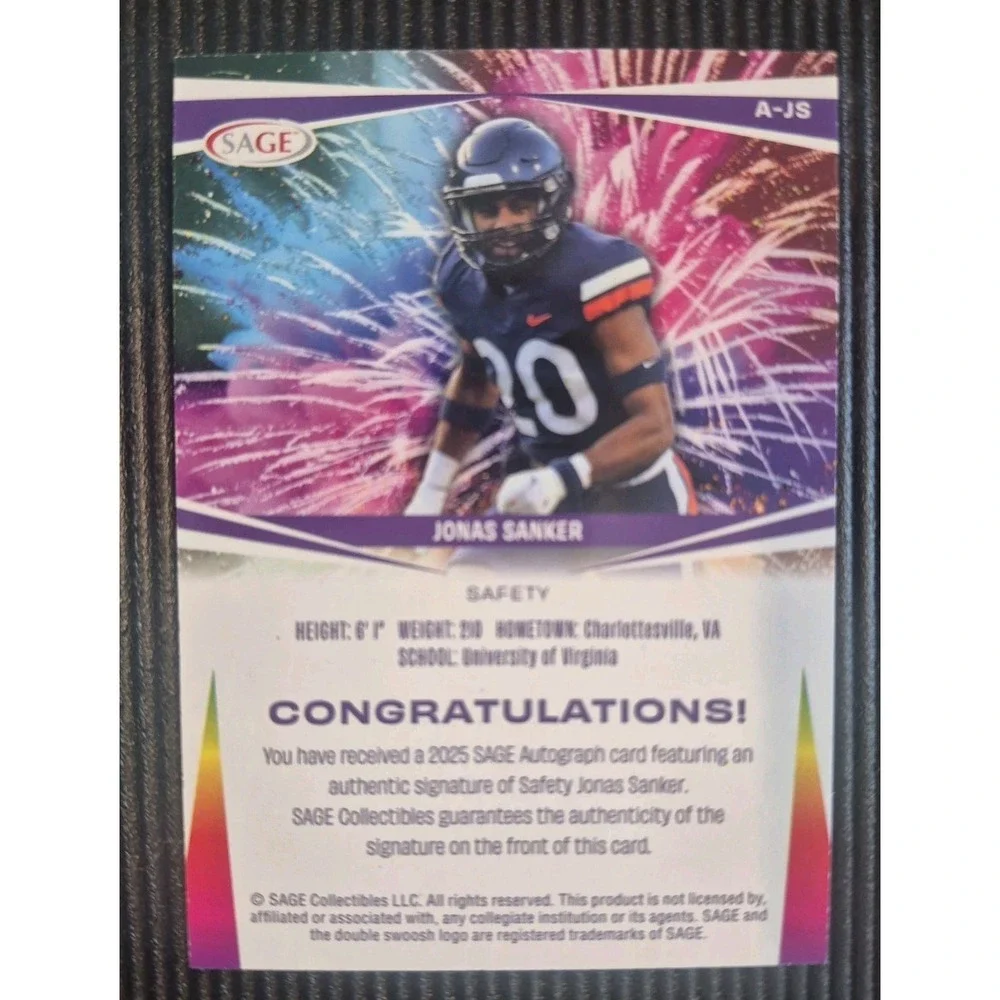 2024 Sage Jonas Sanker #A-JS Silver Fireworks Autographs (AU) (RC) Saints